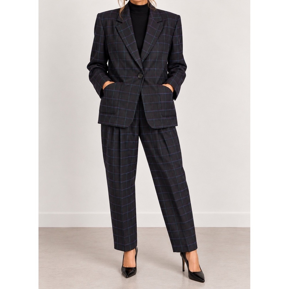 Christina Womens 80s Vintage Pinstripe Pant Suit Set Sz 7 Black Blue Purple USA